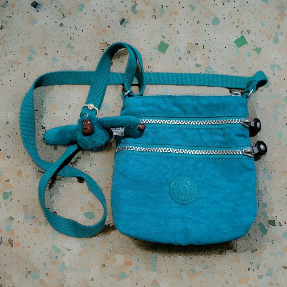 Kipling Keiko Mini Crossbody Bag Teal Turquoise Nylon Triple Zip Monkey